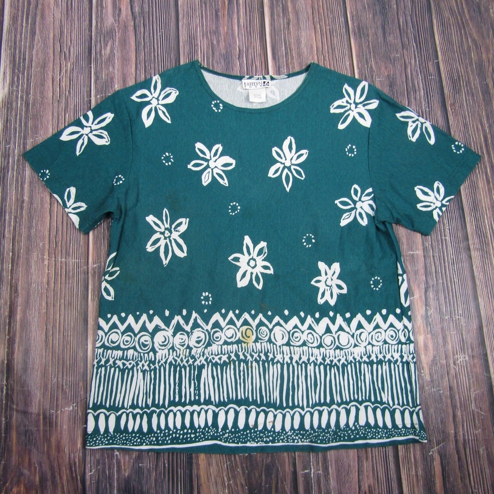 Katelyn Rose Womens Medium Green Floral T Shirt Vintage 90s USA Made Top Granny